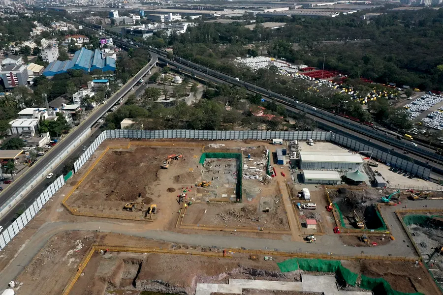 Aerial view, Jan 2024. Excavation. Site offices in.