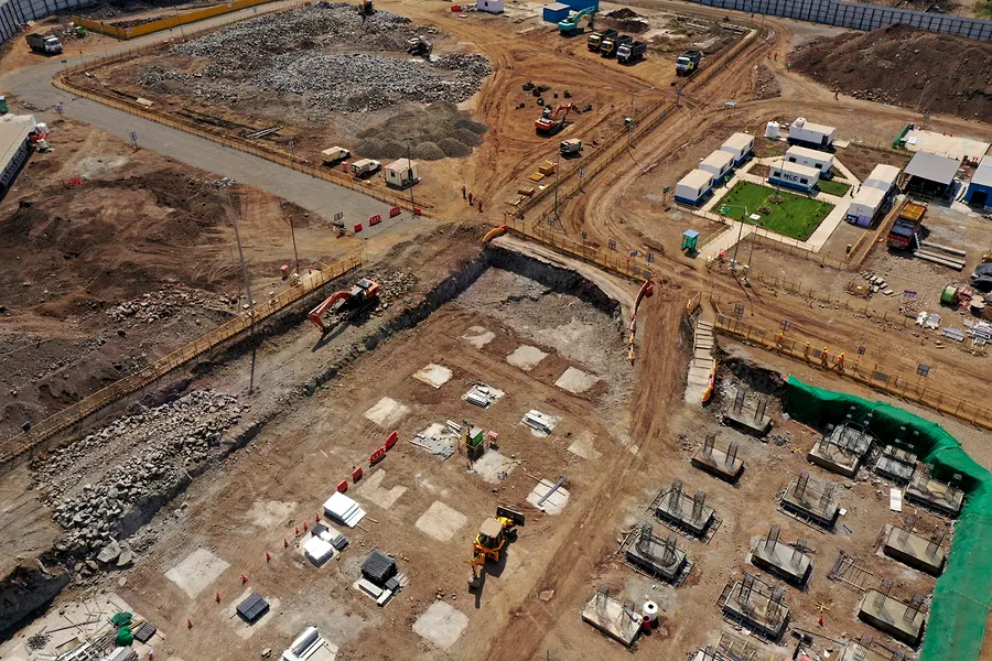 Aerial view, Feb 2024. Pile caps. Foundations begin.