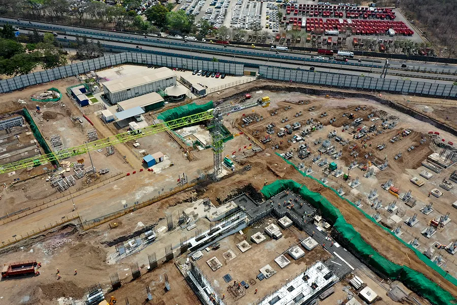 Aerial view, Mar 2024. Raft poured. Safety nets up.