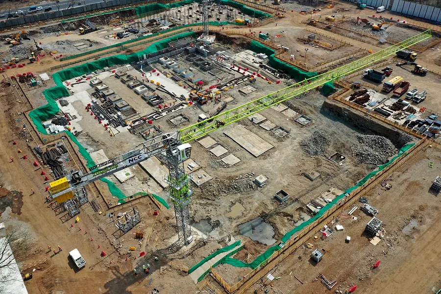 Aerial view, Apr 2024. Columns. First tower crane.