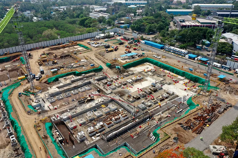 Aerial view, May 2024. Ground structure across the footprint.