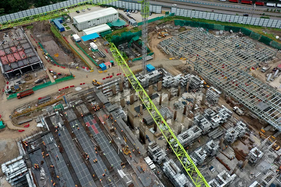 Aerial view, Aug 2024. Decking on. Upper floors forming.
