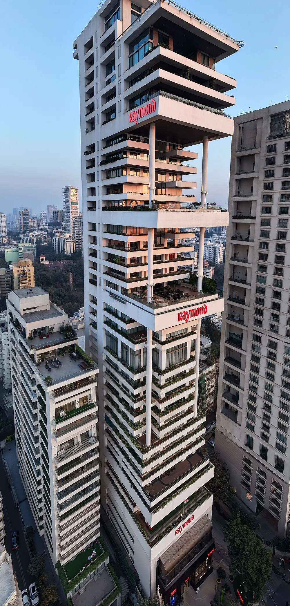 Close aerial view of the Raymond crown, Mumbai, at dusk