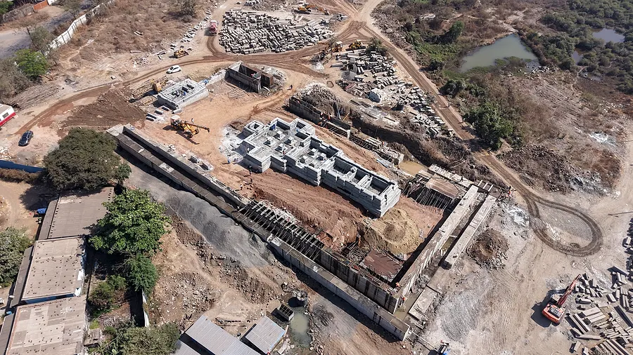Aerial view, Feb 2025. Excavation. Perimeter marked out.