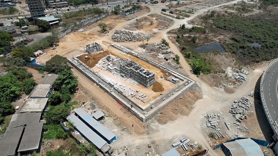 Aerial view, Late Apr. Ground structure taking shape.
