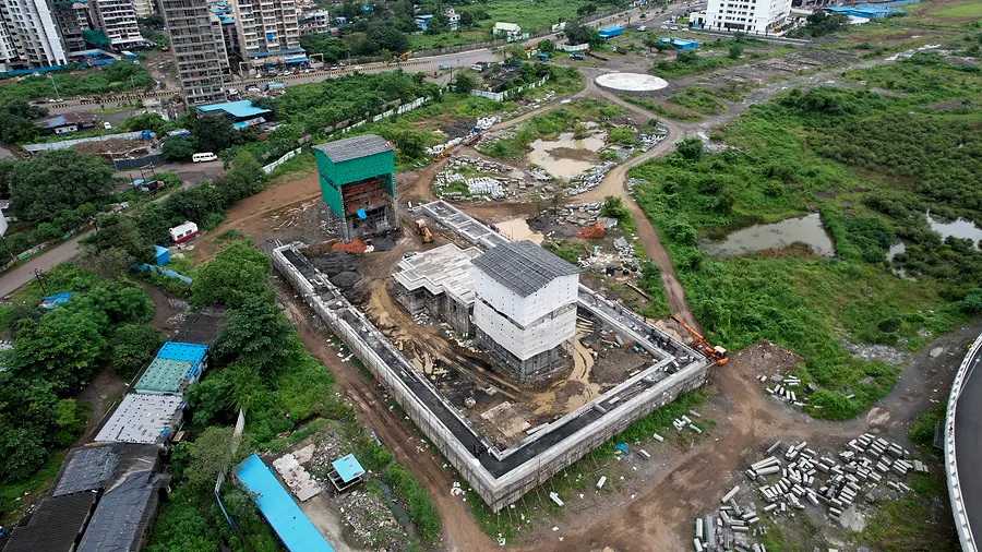 Aerial view, Sep 2025. Enclosed. Roof on.